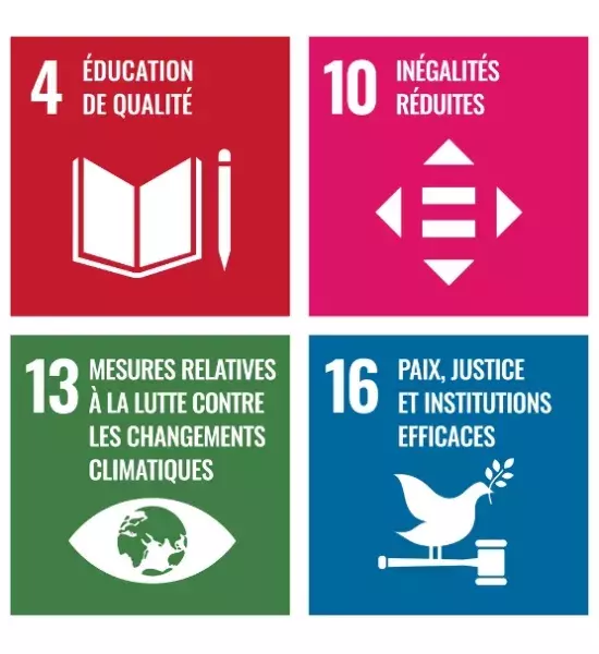 4 éducation de qualité, 10 inégalités réduites, 13 mesures relatives à la lutte contre les changemets climatiques, 16 Paix, justice et institutions efficaces