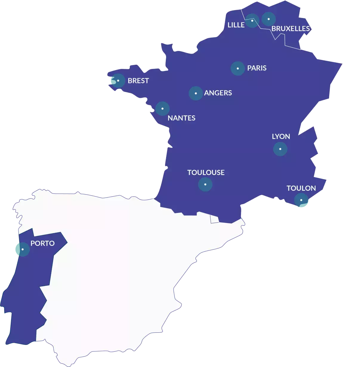 Carte de la France et du Portugal montrant des implantations géographiques matérialisées par des points dans les villes de Lille, Paris, Angers, Nantes, Brest, Lyon, Toulouse, Toulon, Bruxelles et Porto.